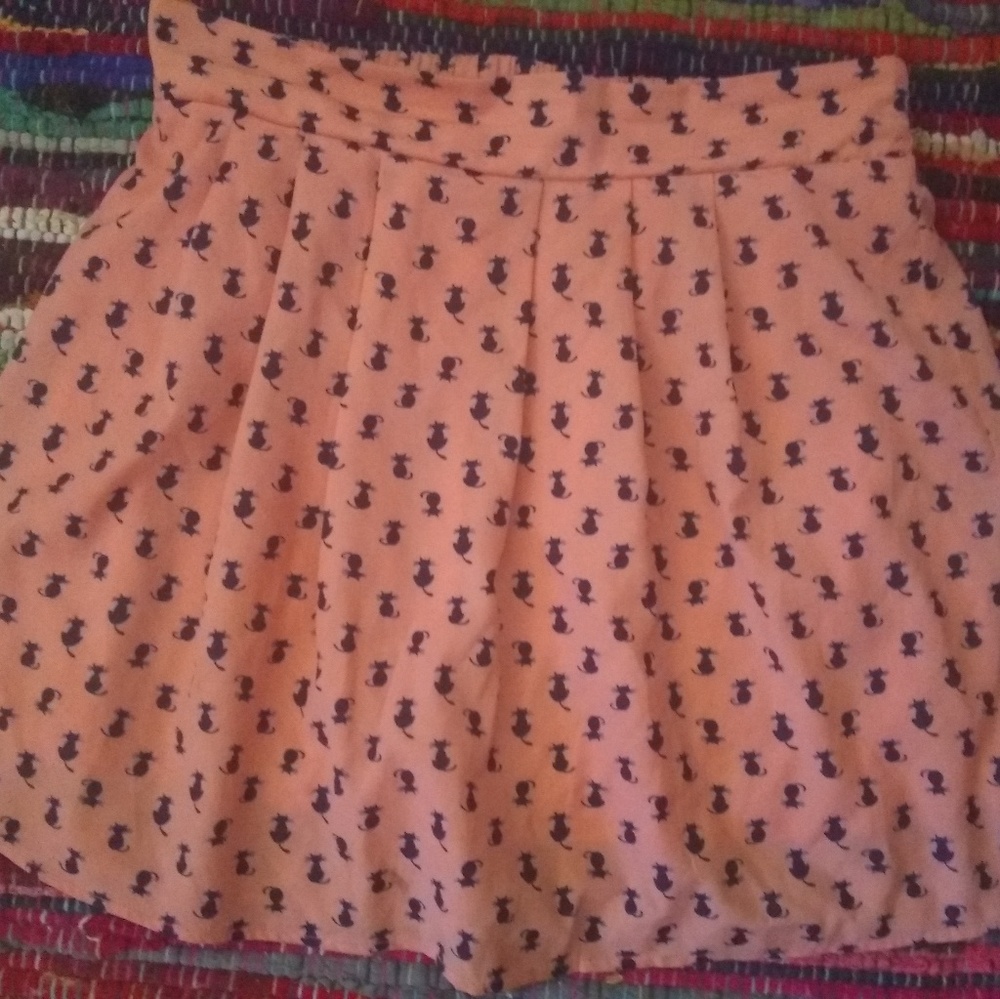 Cute Kitty Print Pink Pleated Skirt